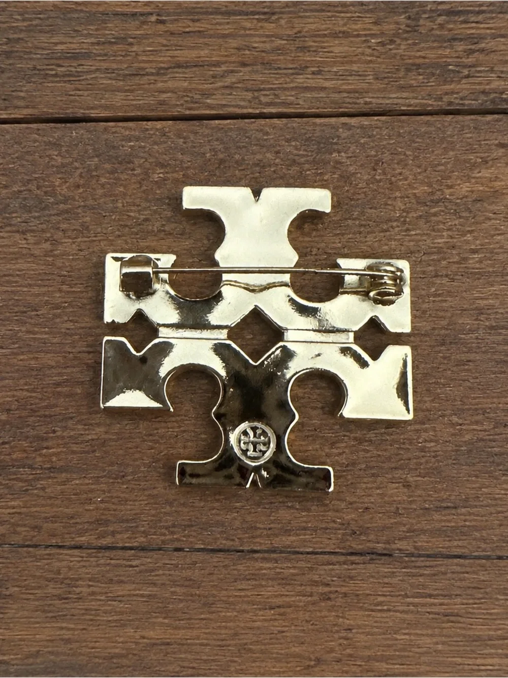 Tory Burch Black Enamel Gold-Tone Double T Logo Brooch Pin
